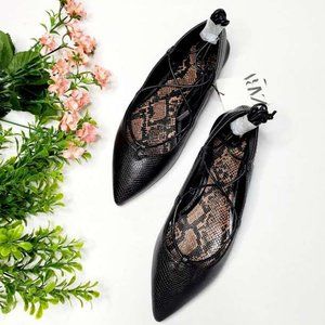NWT Zara Black Animal Print Tied Ballet Flats